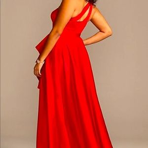 Red satin David’s  Bridal formal gown